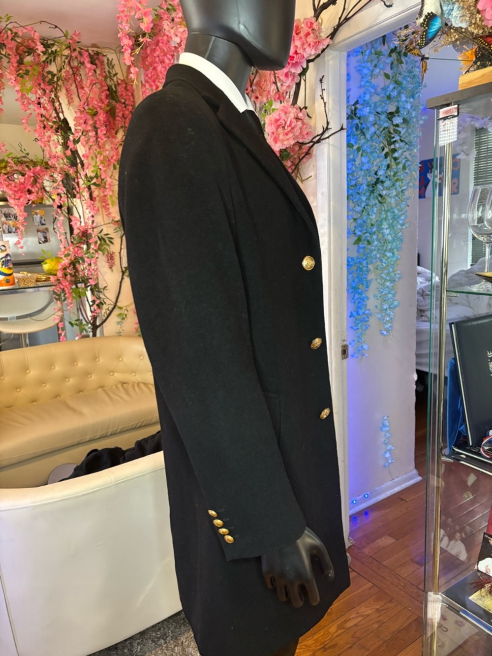 Stafford Black Wool Coat with Gold Buttons